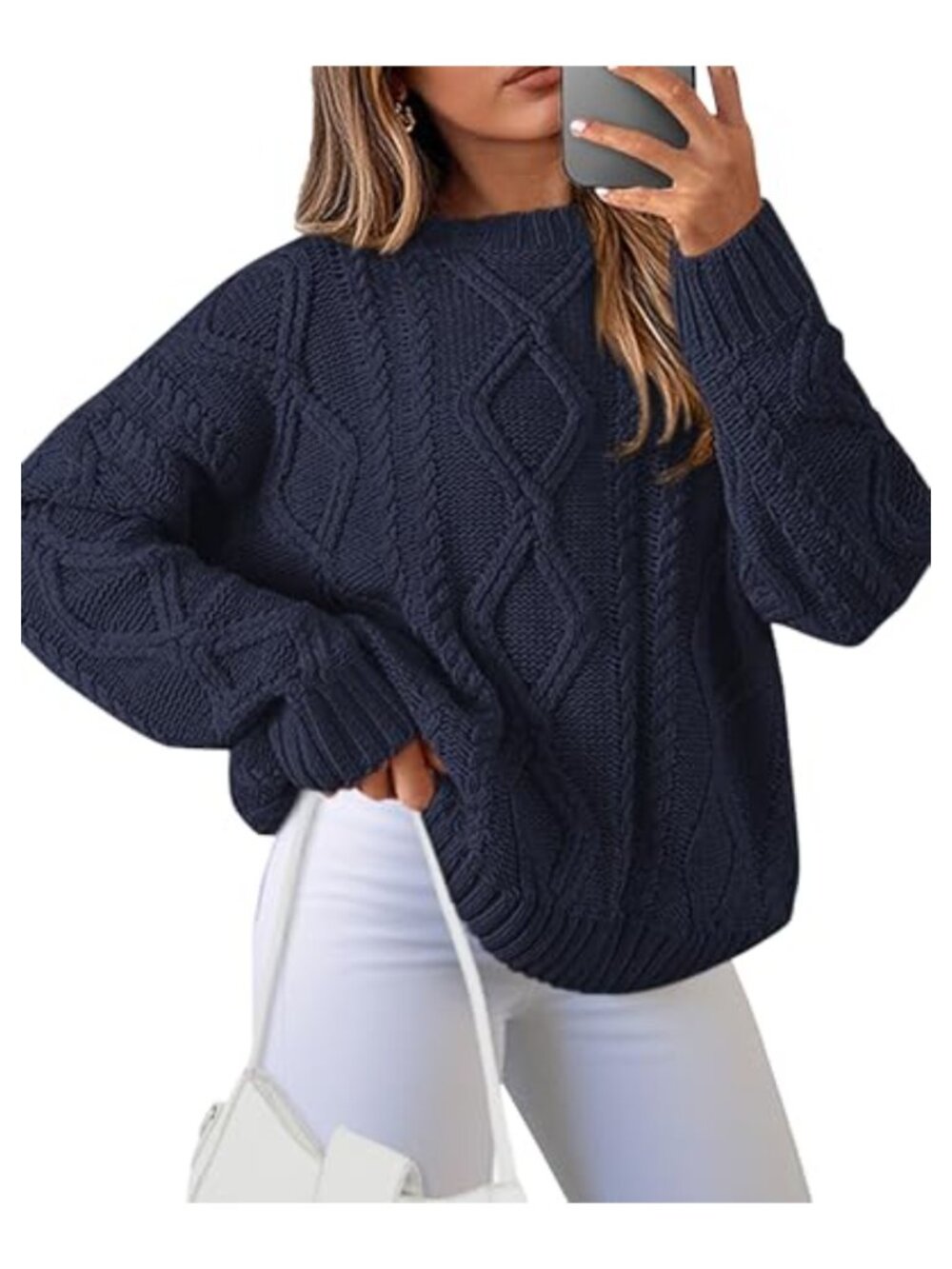 Women's Ribbed Knit Cable Sweater Crewneck Loose Pullover Jumper